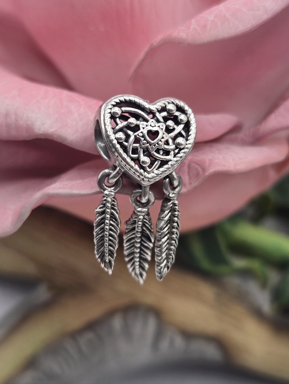 Pandora Sterling Silver Heart Dreamcatcher Dangle Charm with Feather Drops